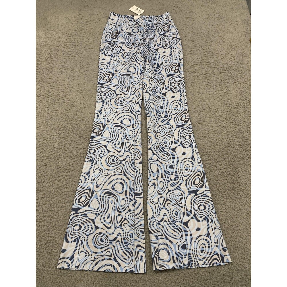 Cotton On Pants Womens XS Blue Printed Pattern Flare Lola Retro Wave Varsity NWT